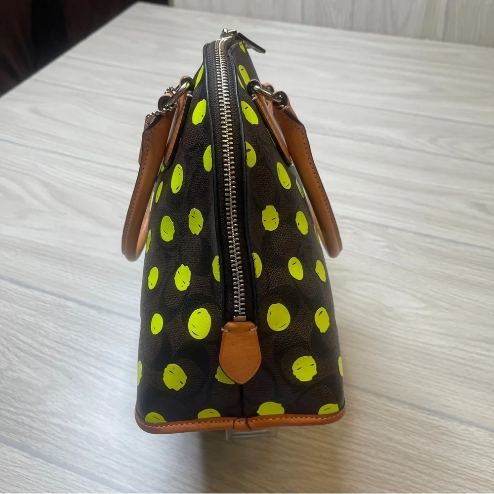 Coach Cora Dome Satchel Purse Signature Canvas Neon Yellow Dots w/Leather Trim - Picture 9 of 15